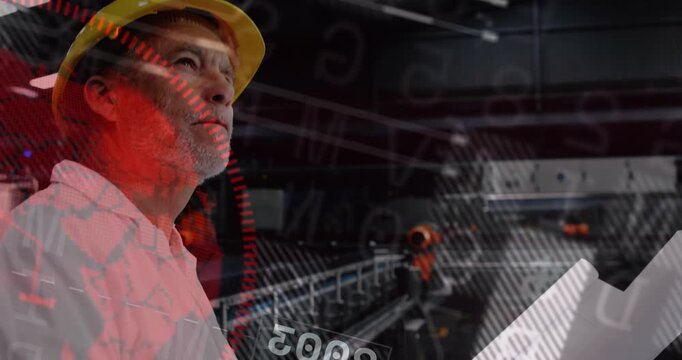 Senior engineer scanning blueprints in factory, aligning plans with robotic arms as HUD overlays