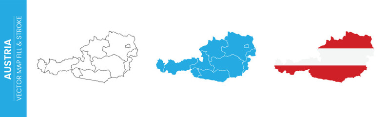 Obraz premium Austria map outline filled with blue and map with Austrian flag