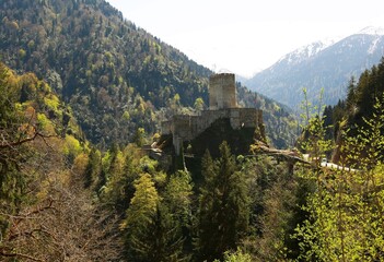 Medieval Zilkale Castle in Rize, Turkey. Majestic Zilkale Castle perched on a steep cliff in the lush green Firtina Valley, Rize Turkey.