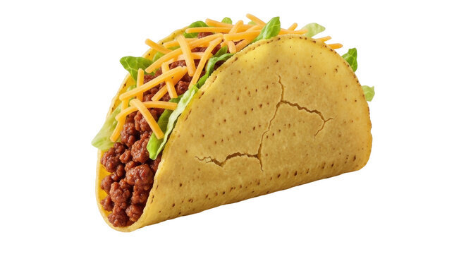 Delicious taco with ground beef, lettuce, and cheese isolated PNG, traditional Mexican fast food on transparent background