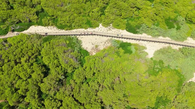 Drone aerial view above coastal shrubs and sandy path near beach Mallorca Spain