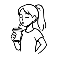 Dibujo sencillo con líneas de una chica joven bebiendo de un vaso de papel con una pajita, sujetándolo con una mano © teracreonte