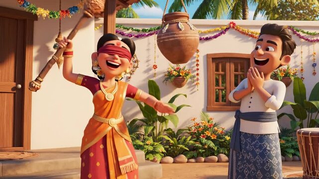 Animated Indian woman blindfolded, playing a traditional pot-breaking game outdoors, with a man watching joyfully for a cultural festival celebration concept