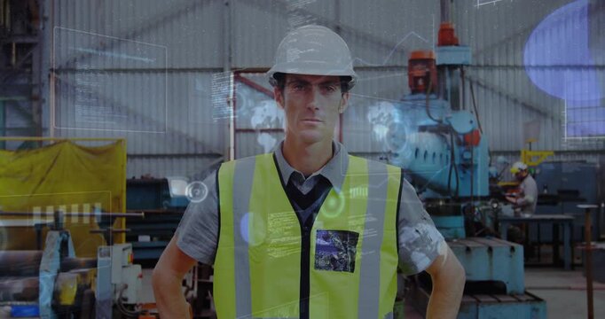 Camera pulling back revealing factory worker arms akimbo vest and helmet on, HUD displaying metrics