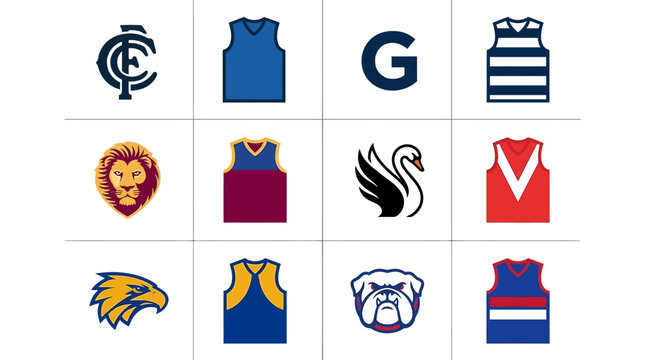 A grid of Australian Rules Football team logos and guernseys, showcasing various club emblems and team colours.