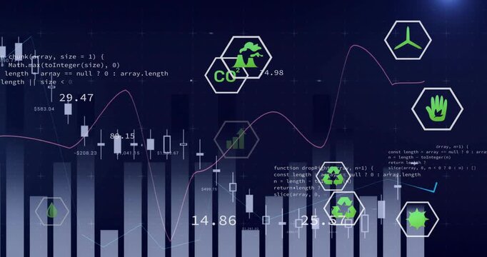 Data ticks driving candles right, magenta trend oscillating, green hex icons annotating metrics