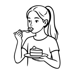 Dibujo sencillo con líneas de una chica joven comiendo una porción de tarta con plato y tenedor © teracreonte