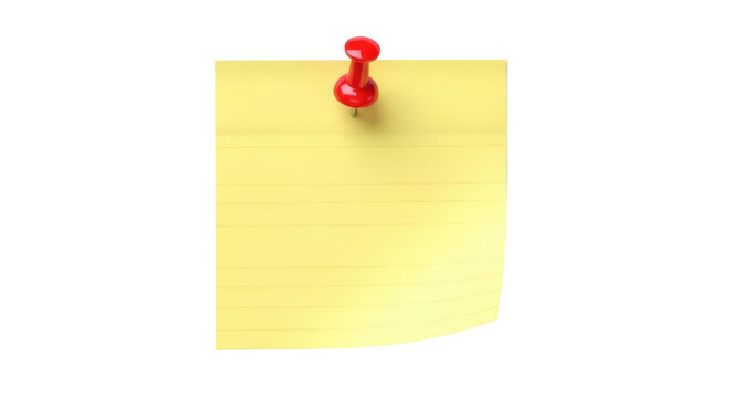 Yellow lined sticky note with red push pin isolated PNG, reminder message for office and personal use on transparent background