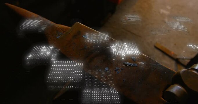 Holographic grid appearing over worn metal anvil, scanning surface and revealing hammer for mapping