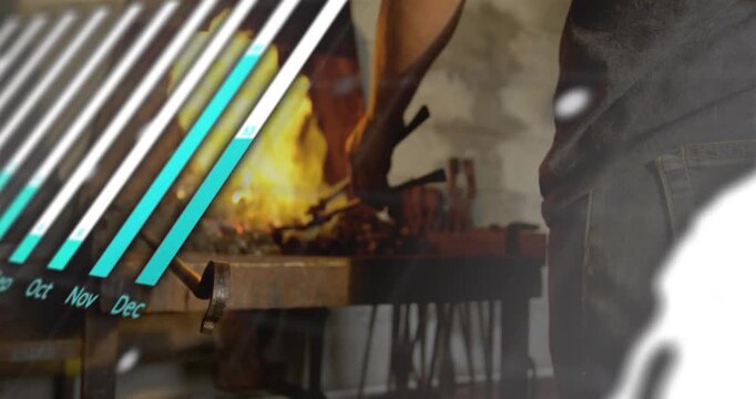 Camera shifting starting data overlays moving while smith forging heated metal showing analytics