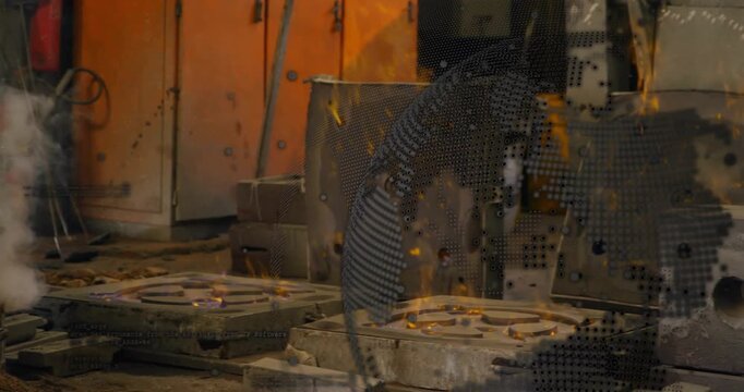 Foundry molds emitting steam, flames, perforated panel sliding across dot overlay revealing gear