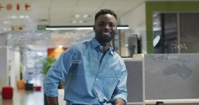 Cam zooming in man rolling sleeves clasping hands map overlay over man showing business reach
