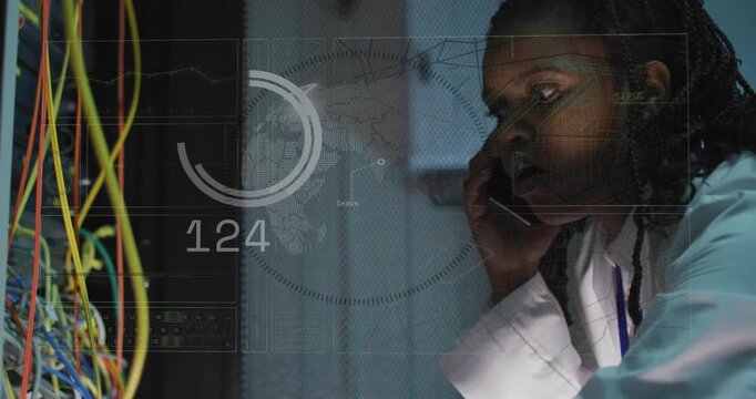 Following HUD readouts appearing, white-coat tech with lanyard holding phone, fixing cables at rack