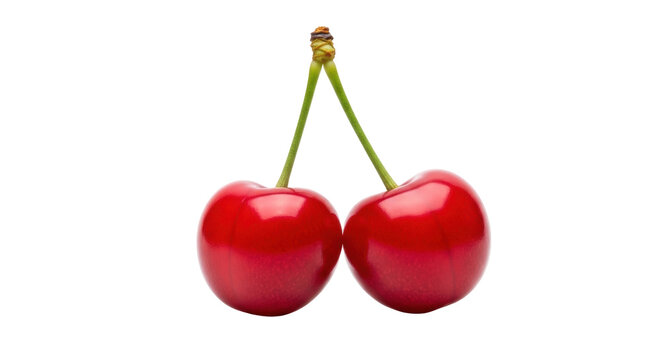 Two ripe red cherries with stems isolated PNG, fresh summer fruit on transparent background for healthy eating and dessert concepts
