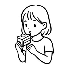 Dibujo sencillo con líneas de una niña comiendo una porción de tarta con las manos  © teracreonte
