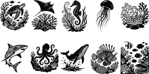 Set of marine life silhouettes including turtle, manta ray, seahorse, jellyfish, clownfish, shark, octopus and whale with coral reef underwater vector illustrations © creativeDesigner2023
