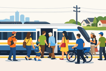 Vector Illustration of Diverse People Boarding a Modern Train at a Suburban Railway Station with City Skyline Background, Commuters Traveling via Public Transport in Simple Flat Design Style