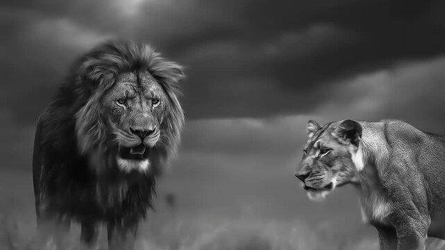Monochromatic Majesty: An Intimate Encounter with a Lion and Lioness Against a Dramatic Sky Backdrop