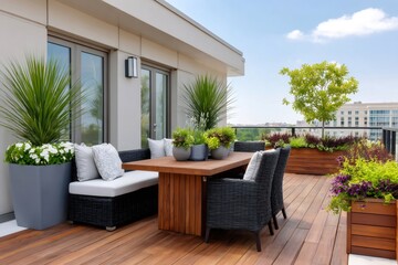 Fototapeta premium Modern rooftop terrace dining area with outdoor furniture