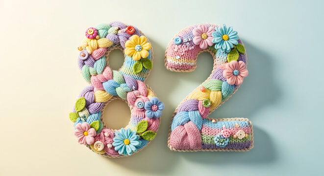 Soft Knitted "82" Numeral with Pastel Yarn and Delicate Floral Decorations, a Handmade Textile Craft for Birthdays or Anniversaries.