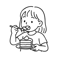 Dibujo sencillo con líneas de una niña comiendo una porción de tarta con plato y tenedor © teracreonte