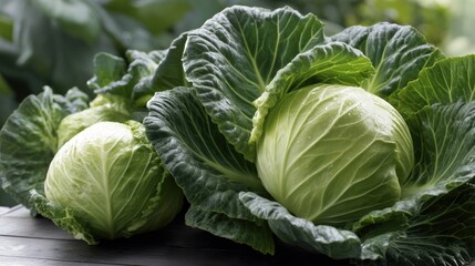 Fototapeta premium Cabbages are growing in a garden with lush green leaves and plump heads ready for harvest at midday under soft sunlight