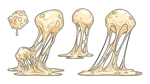 Artistic illustrations of melting cheese stretching in various forms next to a single block of swiss cheese.