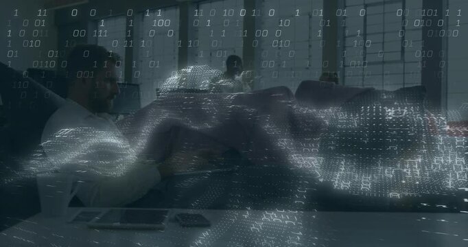 Vertical video: Data overlay rising off laptop, left man typing using phones in office, copy space