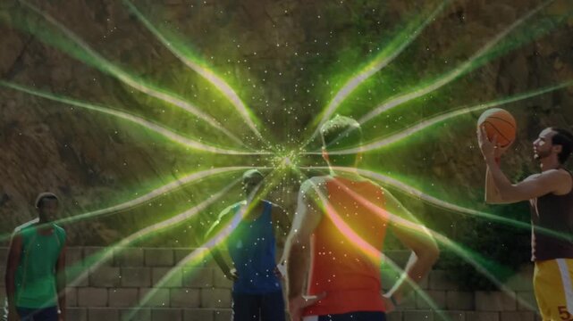 Shooter in yellow shorts firing ball toward hoop on court, green effect initiating shot to score