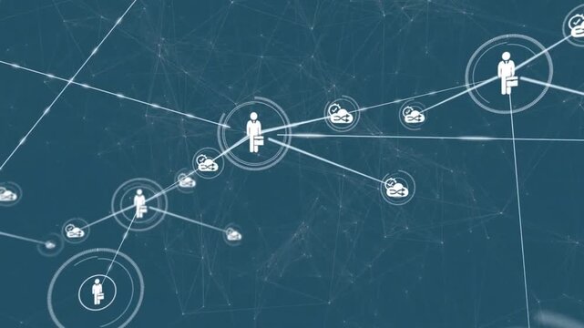 Central briefcase pictogram radial lines camera zooming out spawning nodes growing business network