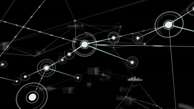 Pulsing central hub sending thin cyan lines to peripheral nodes on black data-display plane, HUD