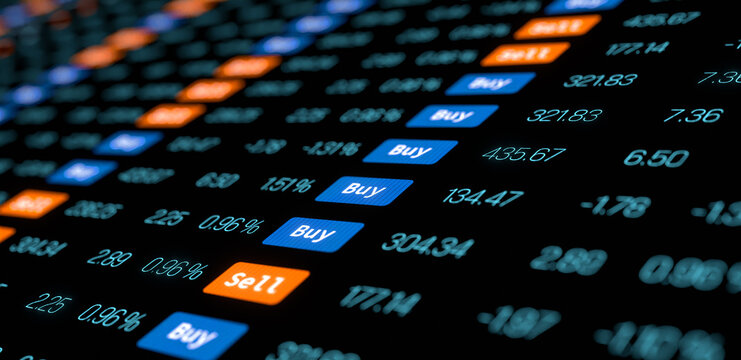 Trading screen with stock market data, buy and sell information. Financial markets, invest, stockbroker, financial figures, up and down, volatile.