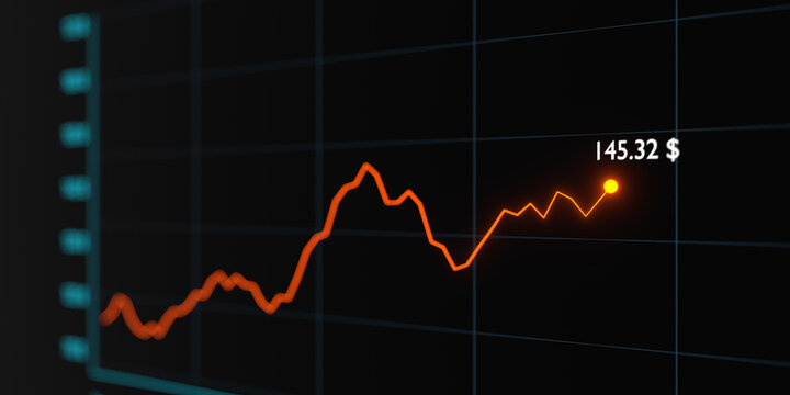 Close-up rising stock market chart with price at current position. Investment, growth, making money, stock exchange, up and down.