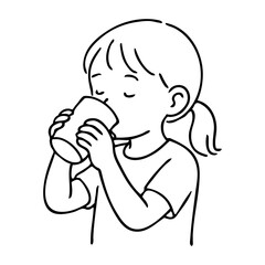 Dibujo sencillo con líneas de una niña bebiendo un vaso de leche, sujetándolo con las dos manos  © teracreonte