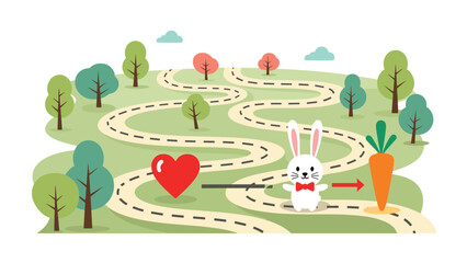 Obraz premium Cute landscape illustration showing a path through a park where a rabbit is choosing between a heart and a carrot.