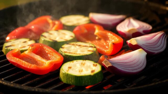 Close-up of colorful vegetables grilling with smoke and char marks