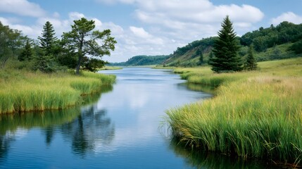 Fototapeta premium Peaceful river flowing through green grassy banks