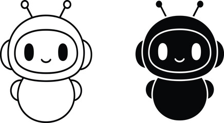 Obraz premium Cute robot mascot character set, simple friendly chatbot bot illustration, outline and solid icon design isolated background