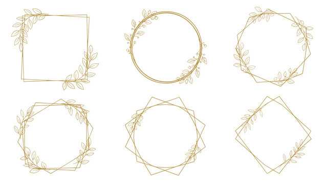 Elegant set of gold geometric frames decorated with delicate leaves for wedding invitations, luxury branding, and sophisticated card designs.