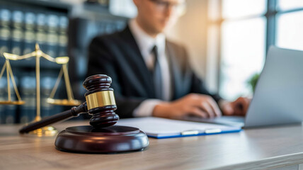 Fototapeta premium Lawyer's Desk with Gavel, Scales of Justice, and Laptop in Office Setting