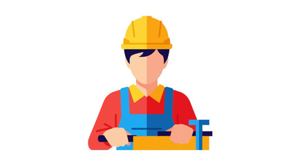 Construction worker in hard hat with tools, flat illustration, isolated on white background