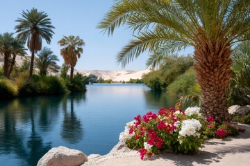 Oasis lake with palm trees and blooming flowers