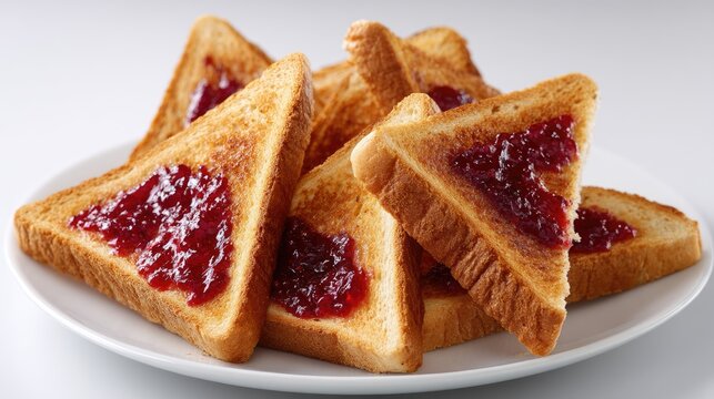 Toast with strawberry jam served on a white plate in a close-up view at a food photography contest winner
