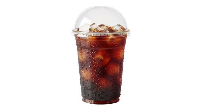 Refreshing iced coffee in a plastic cup with dome lid isolated PNG, cold brew beverage on transparent background for summer refreshment