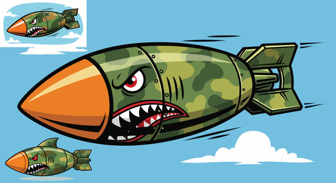 Set of 2 cartoon missile icons vector, camouflage, shark face