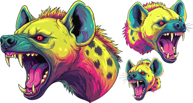 Set of 3 colorful hyena head vector illustrations