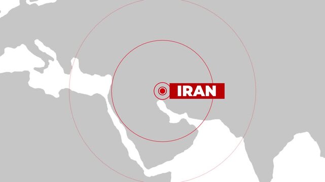 Breaking news and earthquake concept blinking dot on the Iran with world map 4k animation.