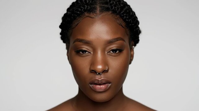 Close-up of Black woman with braided hair looking intensely