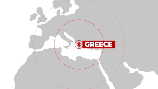 Greece on world map with expanding red circles highlighting news or earthquake concept, 4k