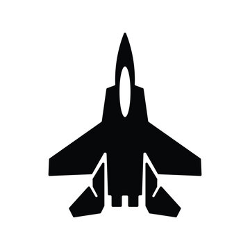 Military F-15 Eagle fighter jet silhouette icon. Top view combat aircraft symbol for aviation radar UI and defense industry infographics. Vector black glyph.